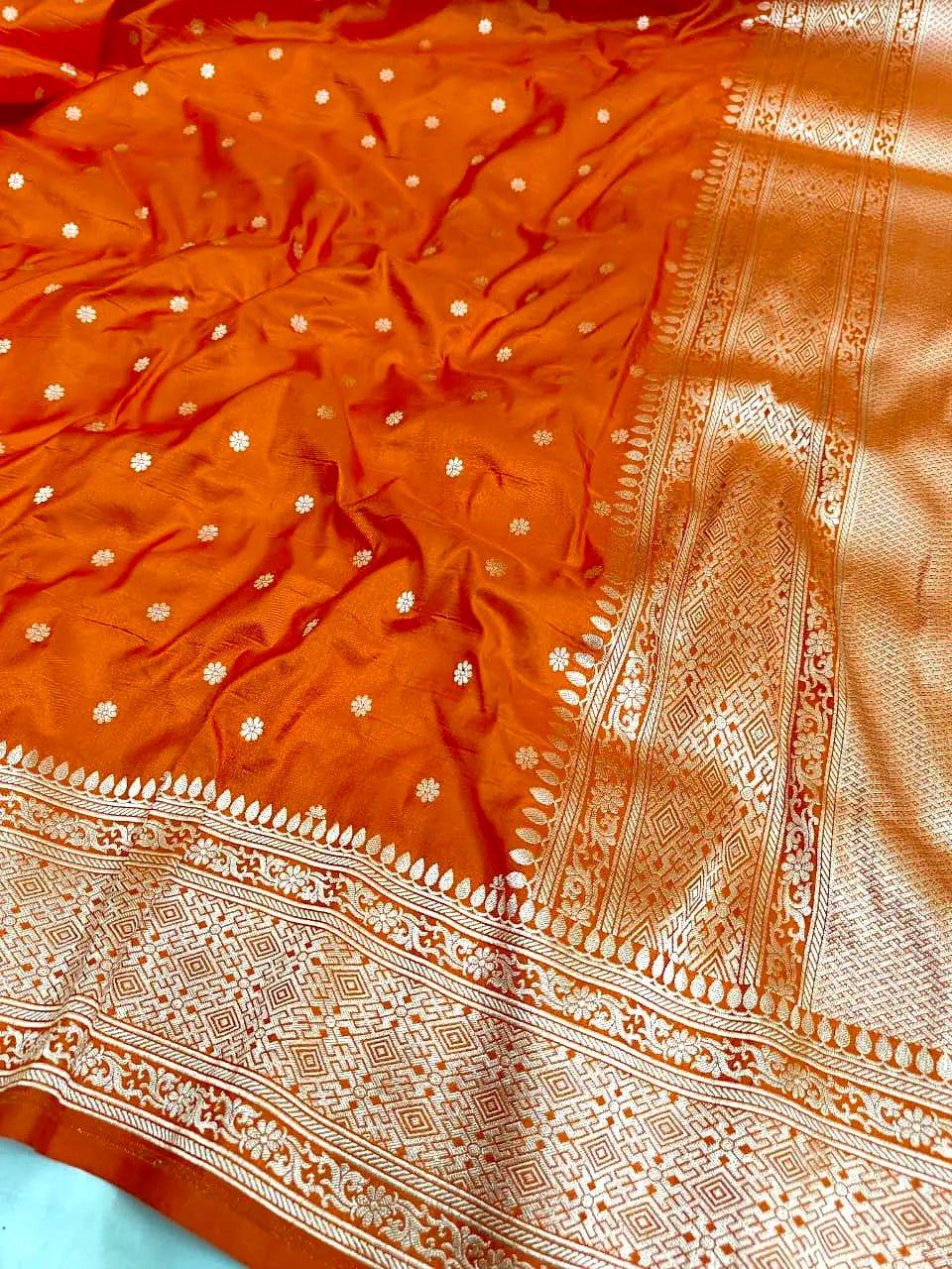Orange Pure Katan Silk Banarasi Saree with Silver Zari Buti & Traditional Handwoven Border - Katan Banaras