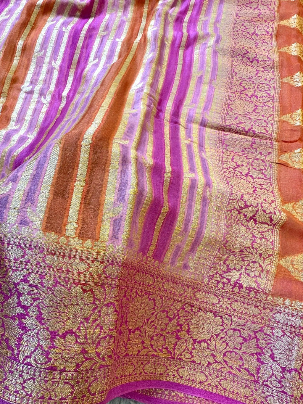 Pink and Orange Pure Chiffon Silk Banarasi Rangkaat Saree with Golden Zari Floral Border - Katan Banaras