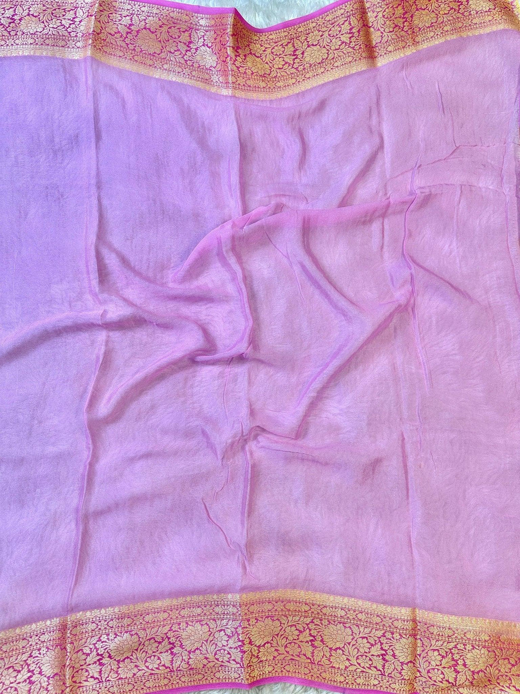 Pink and Orange Pure Chiffon Silk Banarasi Rangkaat Saree with Golden Zari Floral Border - Katan Banaras