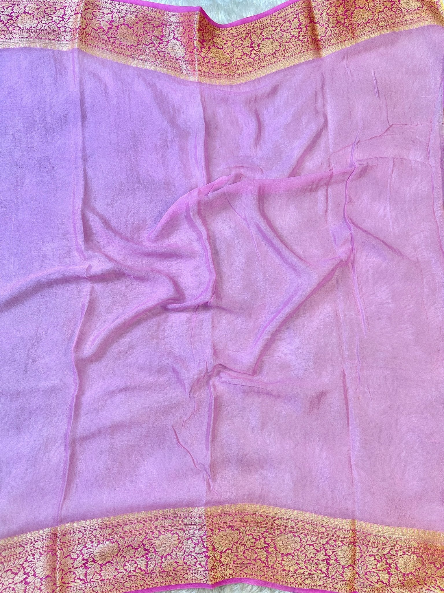 Pink and Orange Pure Chiffon Silk Banarasi Rangkaat Saree with Golden Zari Floral Border - Katan Banaras