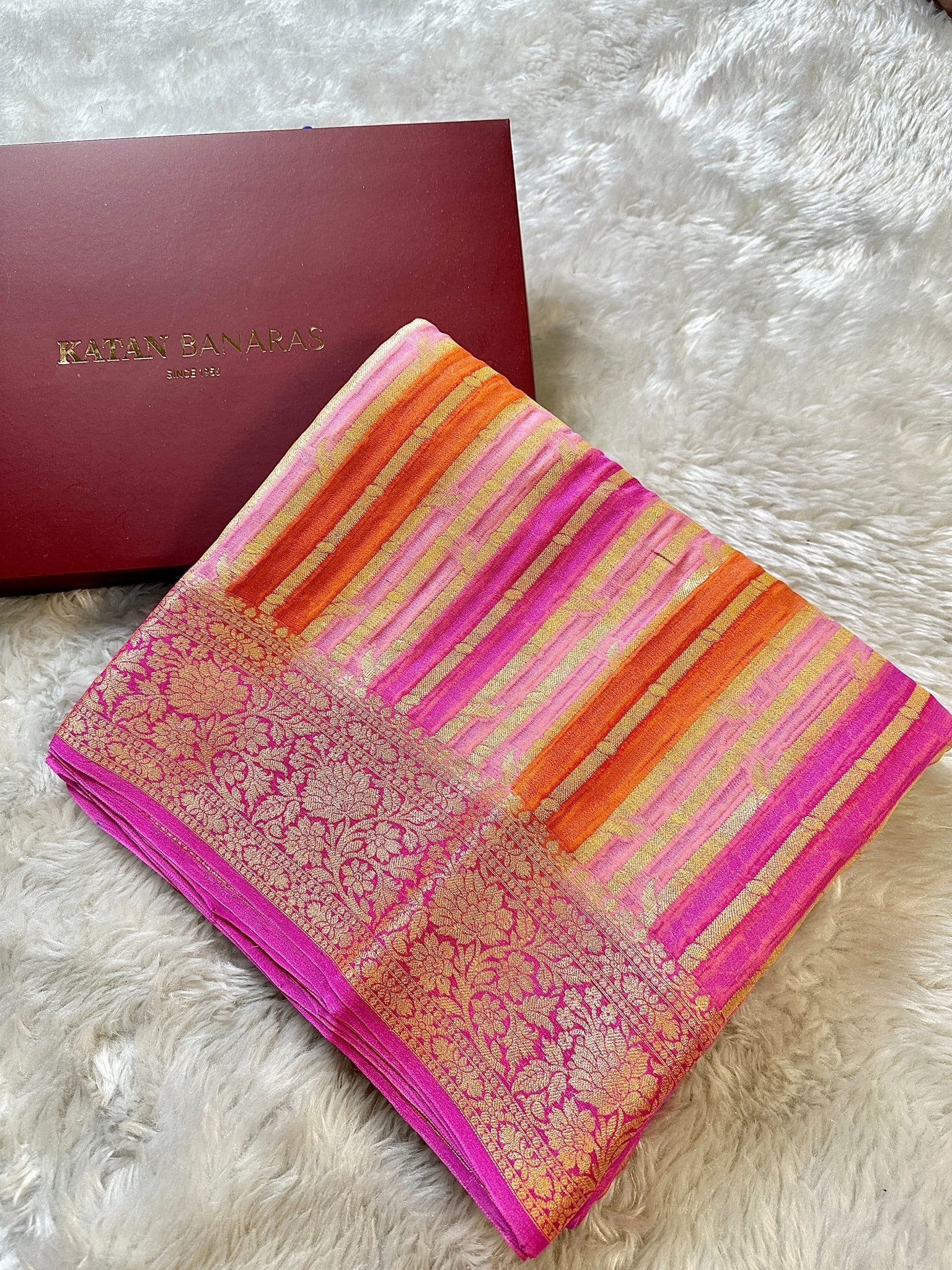 Pink and Orange Pure Chiffon Silk Banarasi Rangkaat Saree with Golden Zari Floral Border - Katan Banaras