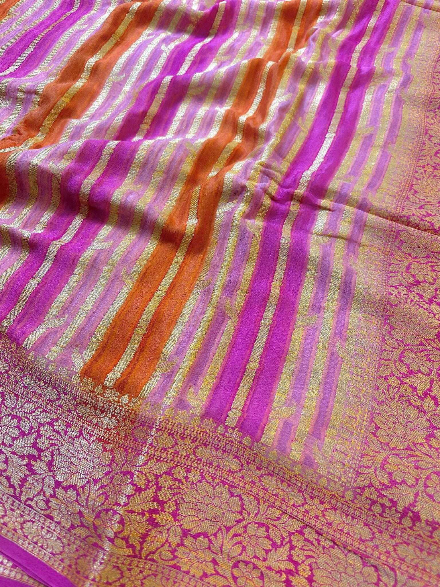 Pink and Orange Pure Chiffon Silk Banarasi Rangkaat Saree with Golden Zari Floral Border - Katan Banaras