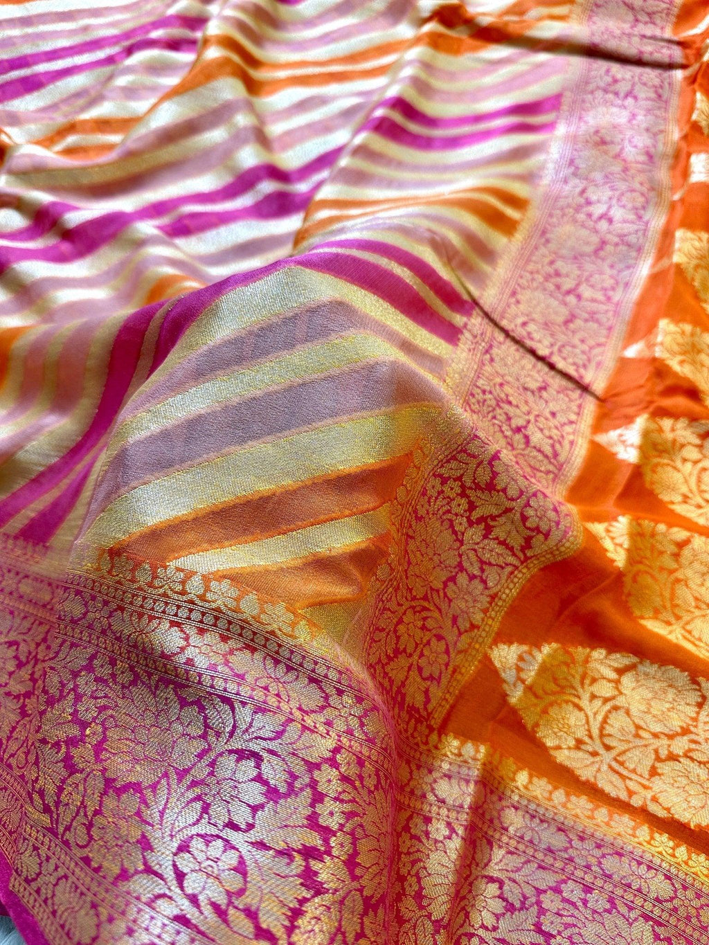 Pink and Orange Pure Chiffon Silk Banarasi Rangkat Saree with Golden Zari Floral Border - Katan Banaras