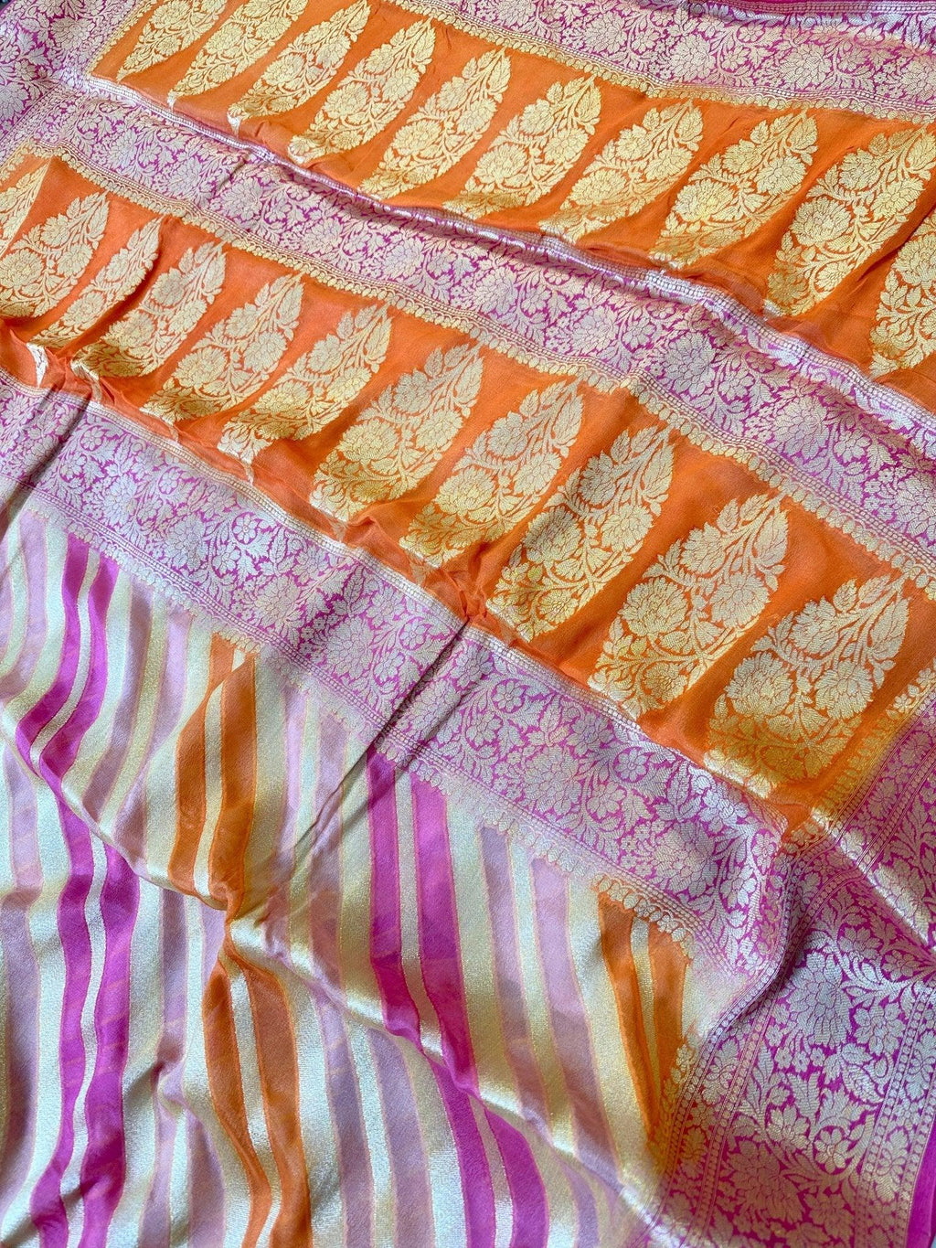 Pink and Orange Pure Chiffon Silk Banarasi Rangkat Saree with Golden Zari Floral Border - Katan Banaras