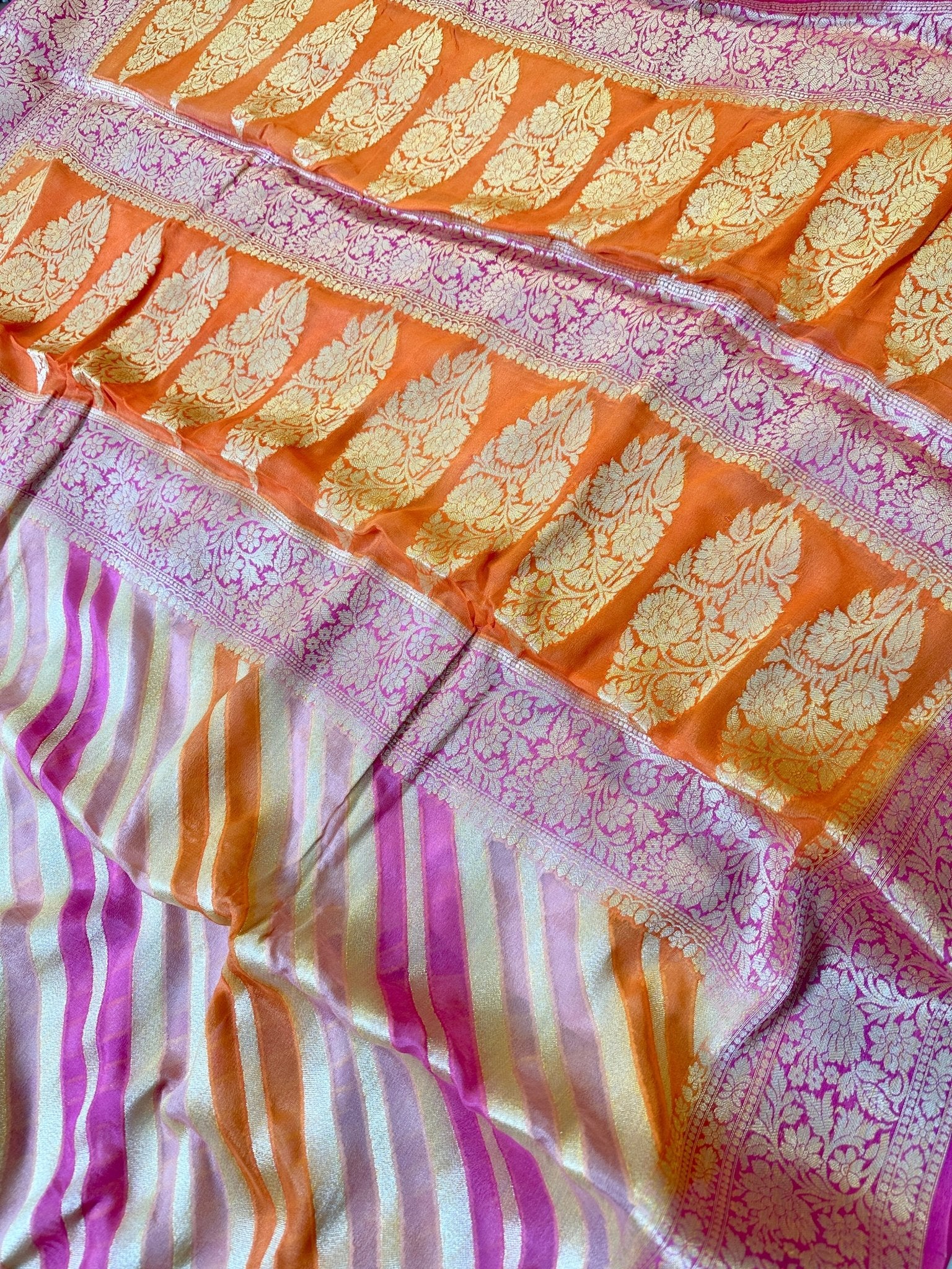 Pink and Orange Pure Chiffon Silk Banarasi Rangkat Saree with Golden Zari Floral Border - Katan Banaras