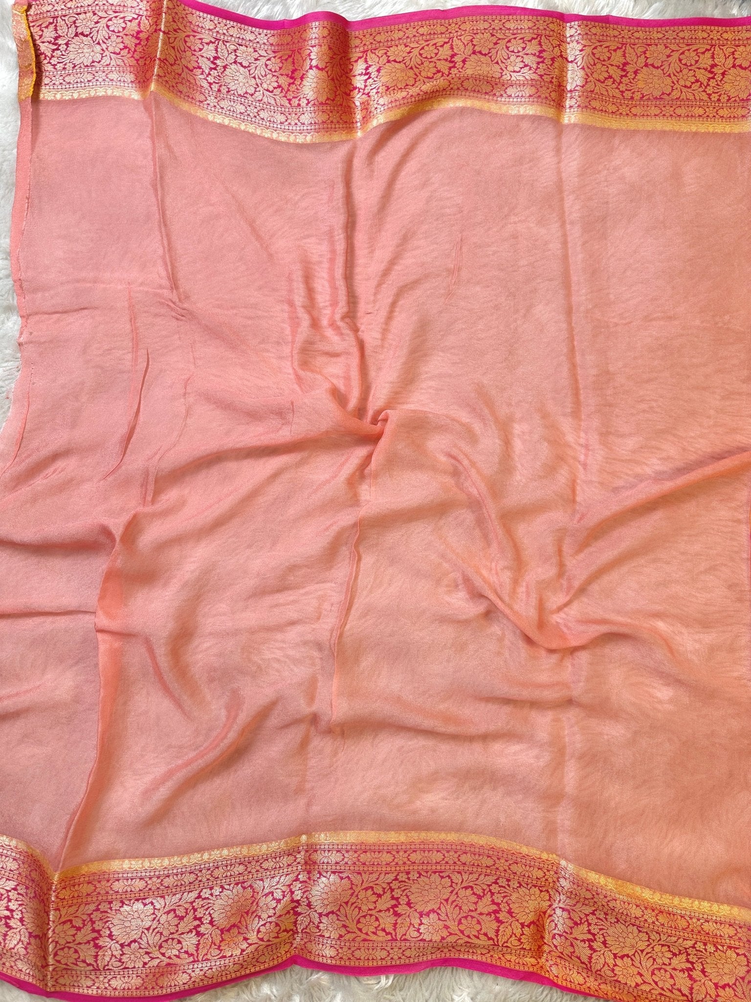 Pink and Orange Pure Chiffon Silk Banarasi Rangkat Saree with Golden Zari Floral Border - Katan Banaras