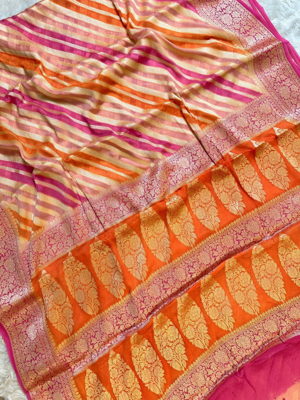 Pink and Orange Pure Chiffon Silk Banarasi Rangkat Saree with Golden Zari Floral Border - Katan Banaras
