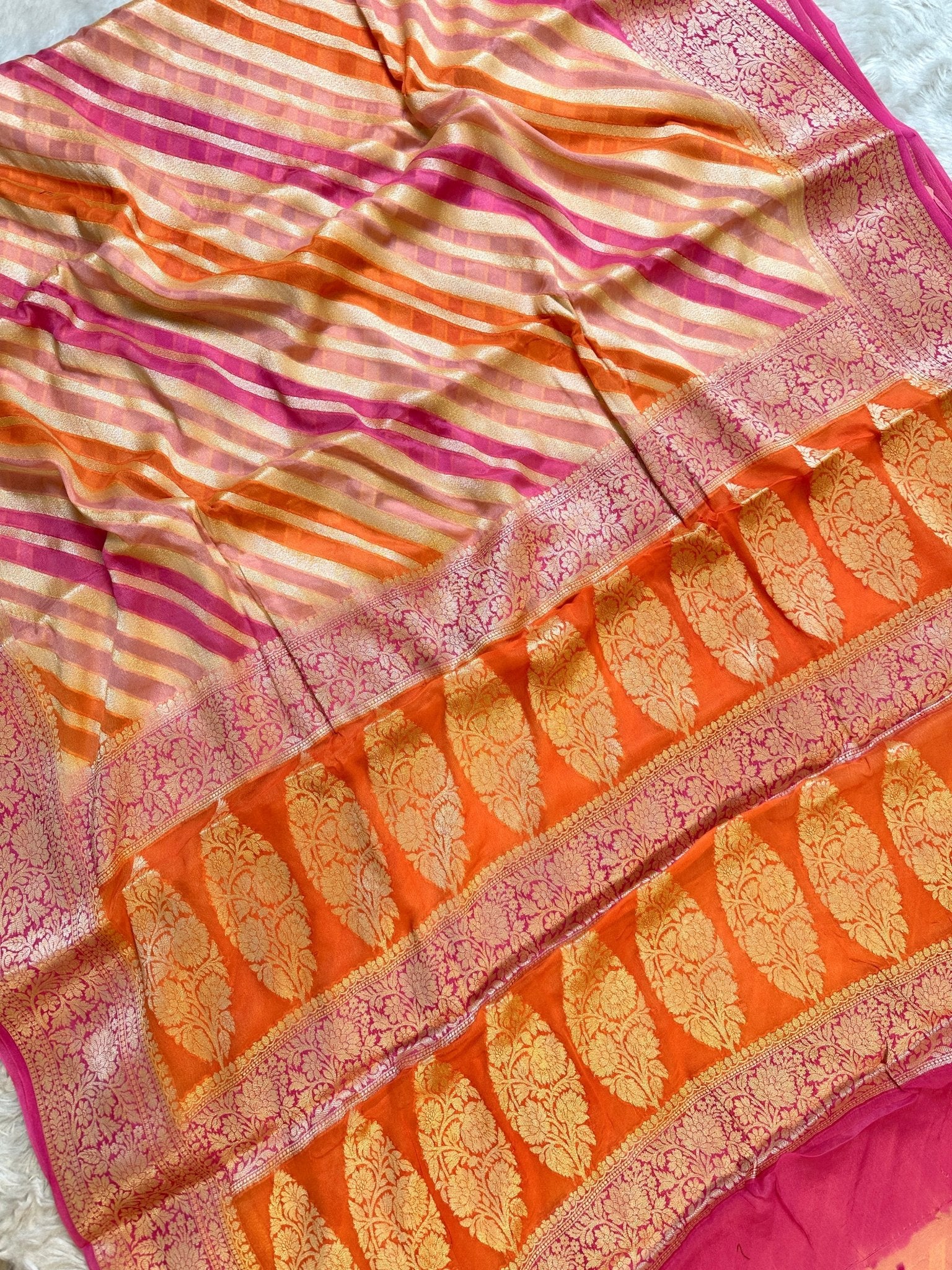 Pink and Orange Pure Chiffon Silk Banarasi Rangkat Saree with Golden Zari Floral Border - Katan Banaras