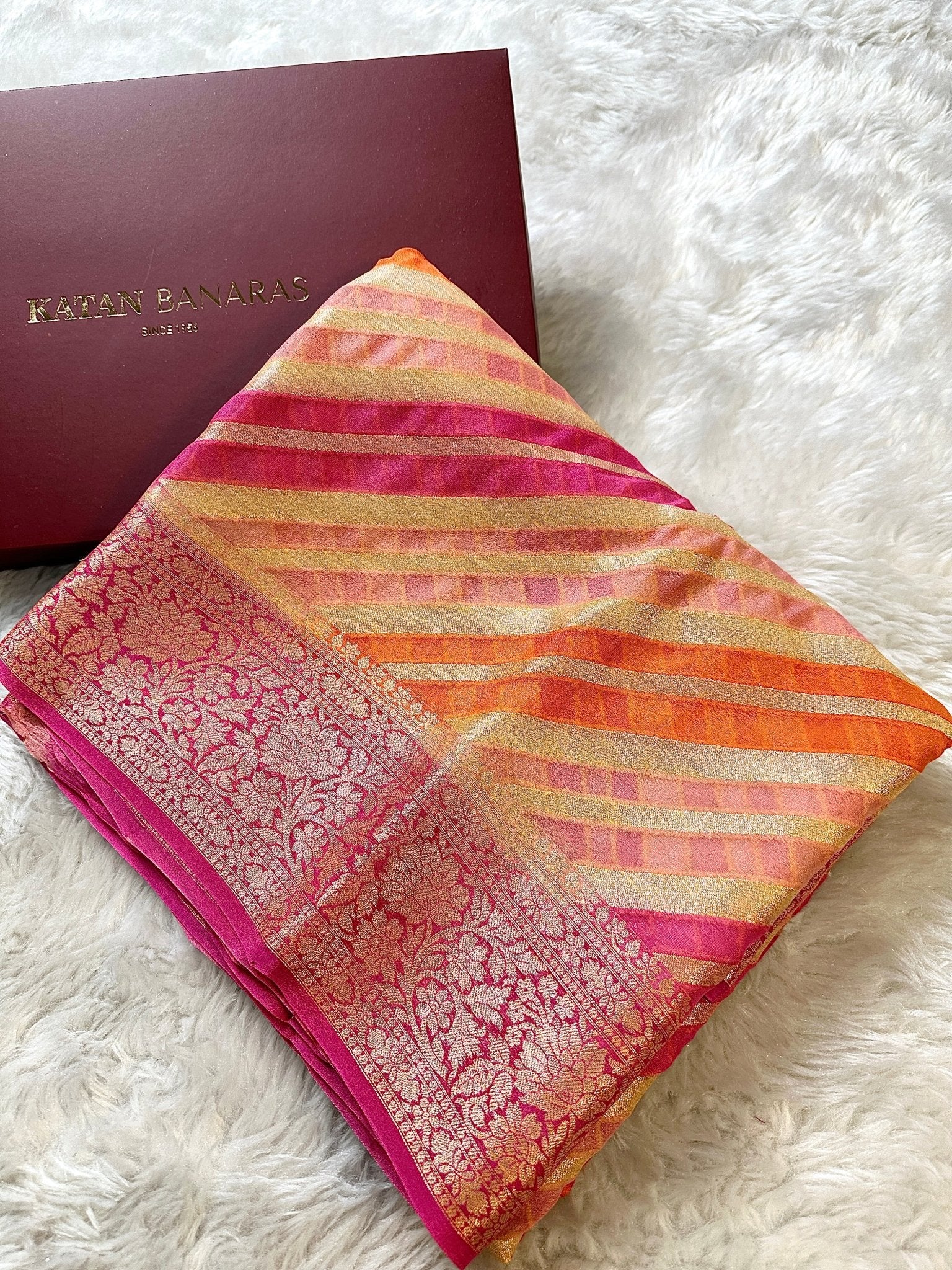 Pink and Orange Pure Chiffon Silk Banarasi Rangkat Saree with Golden Zari Floral Border - Katan Banaras