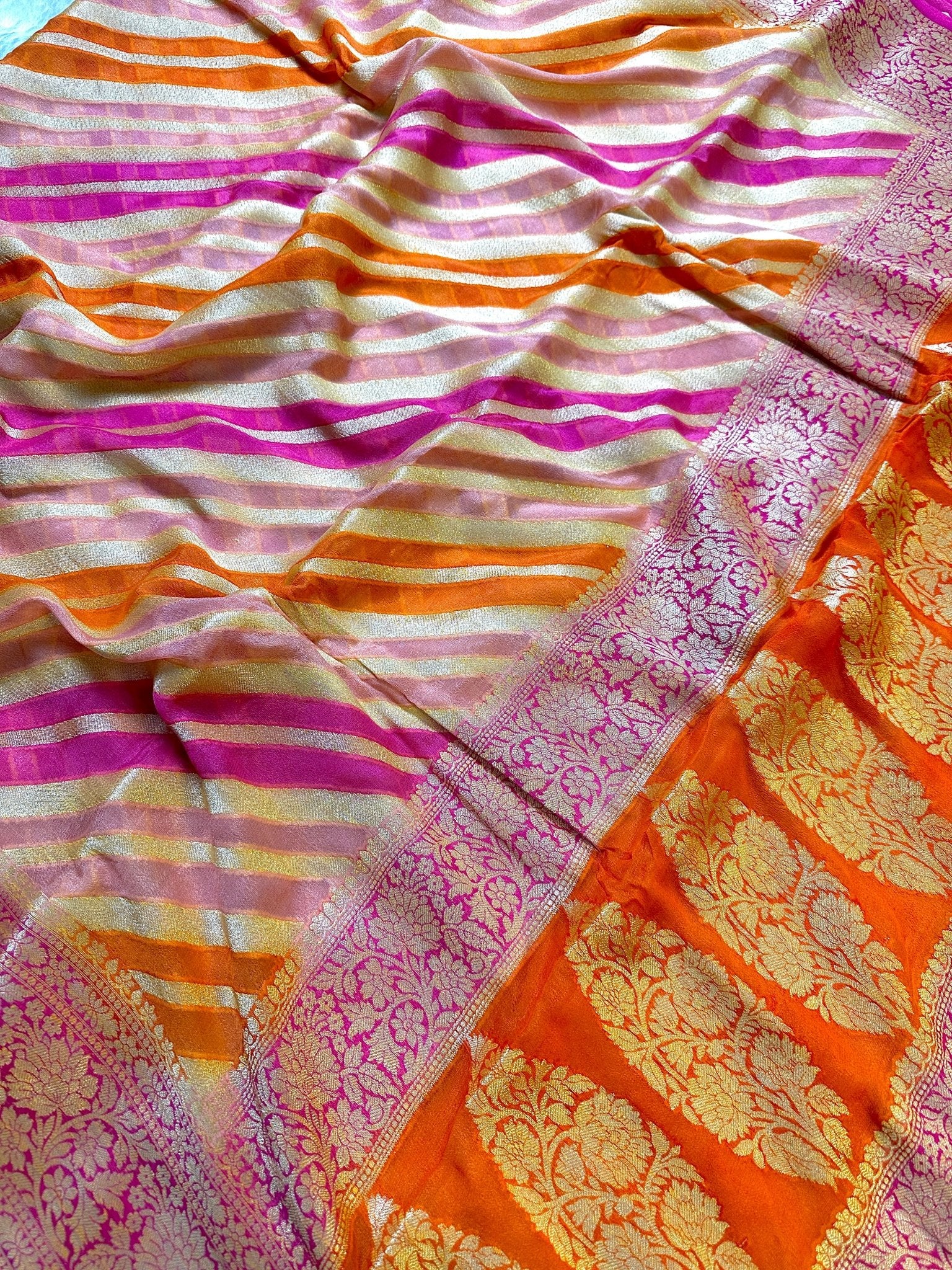 Pink and Orange Pure Chiffon Silk Banarasi Rangkat Saree with Golden Zari Floral Border - Katan Banaras
