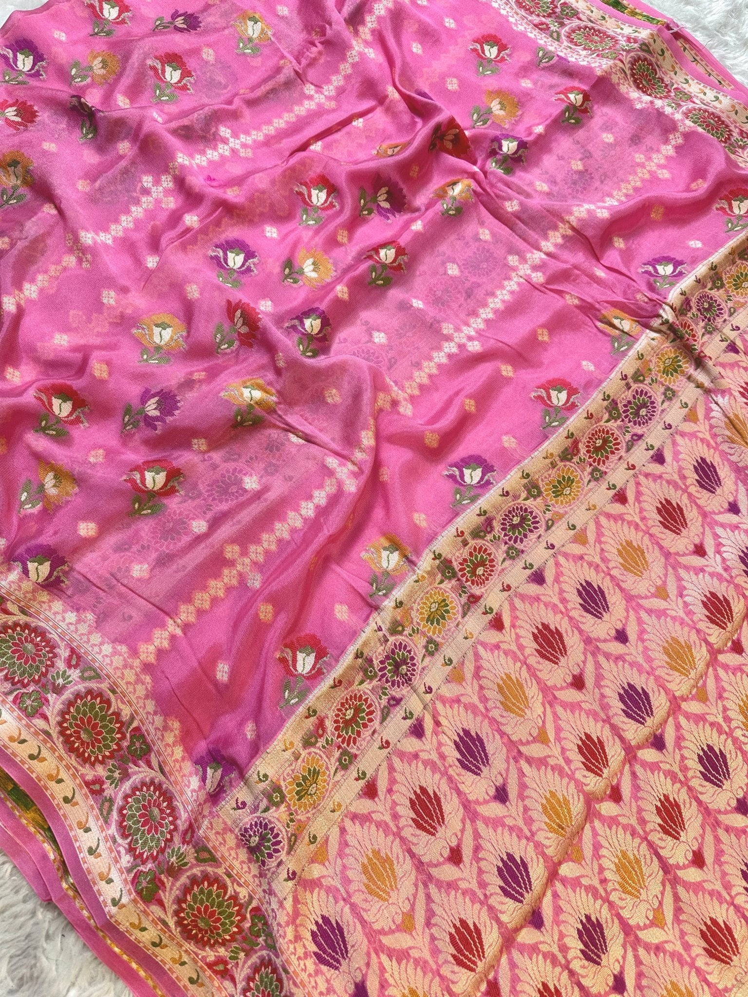 Pink and Orange Pure Chiffon Silk Banarasi Rangkat Saree with Multicolour Minakari Floral Border - Katan Banaras