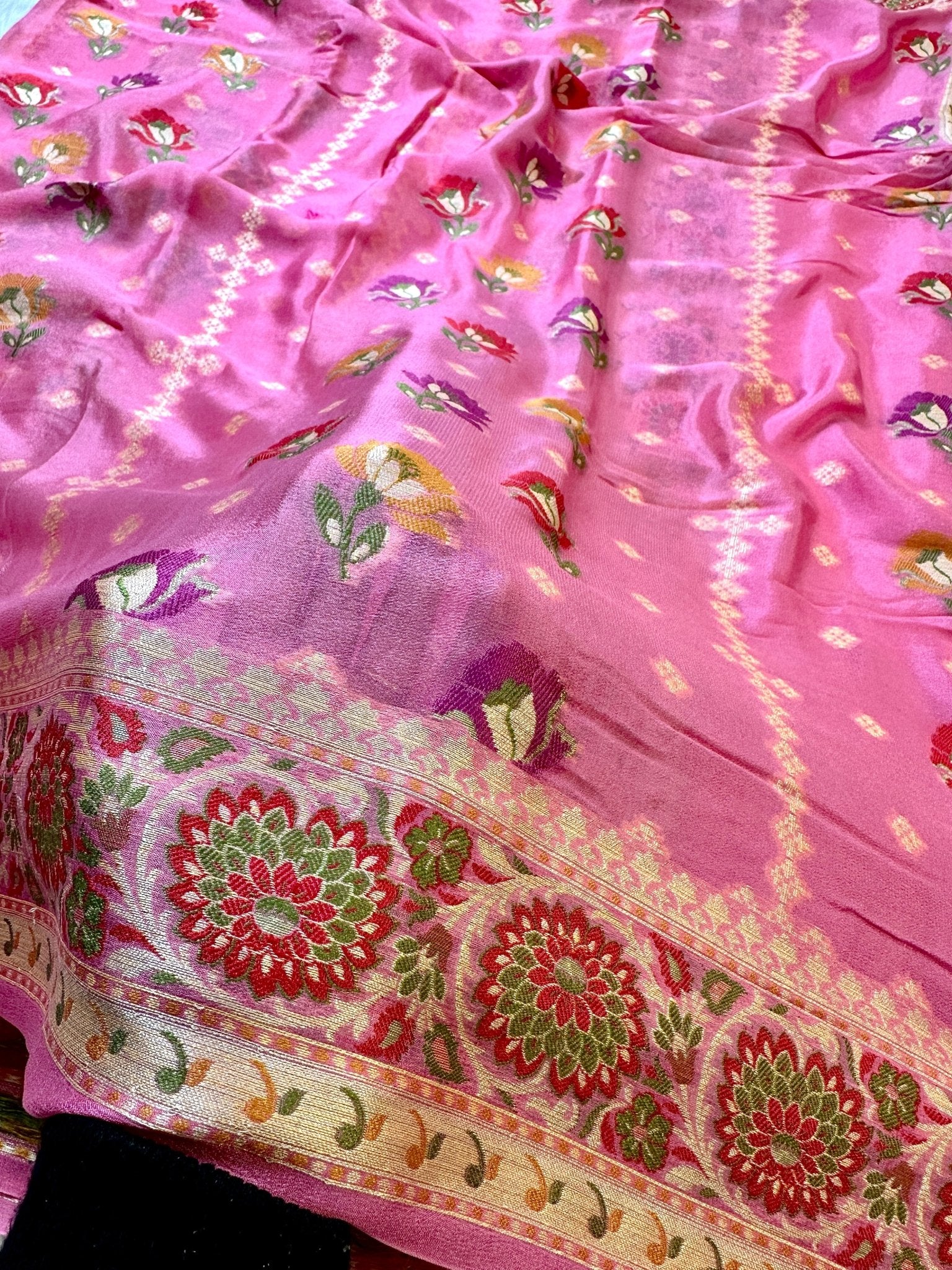 Pink and Orange Pure Chiffon Silk Banarasi Rangkat Saree with Multicolour Minakari Floral Border - Katan Banaras