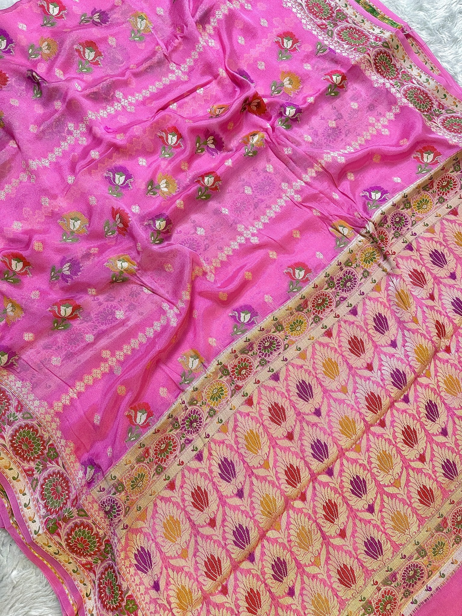 Pink and Orange Pure Chiffon Silk Banarasi Rangkat Saree with Multicolour Minakari Floral Border - Katan Banaras