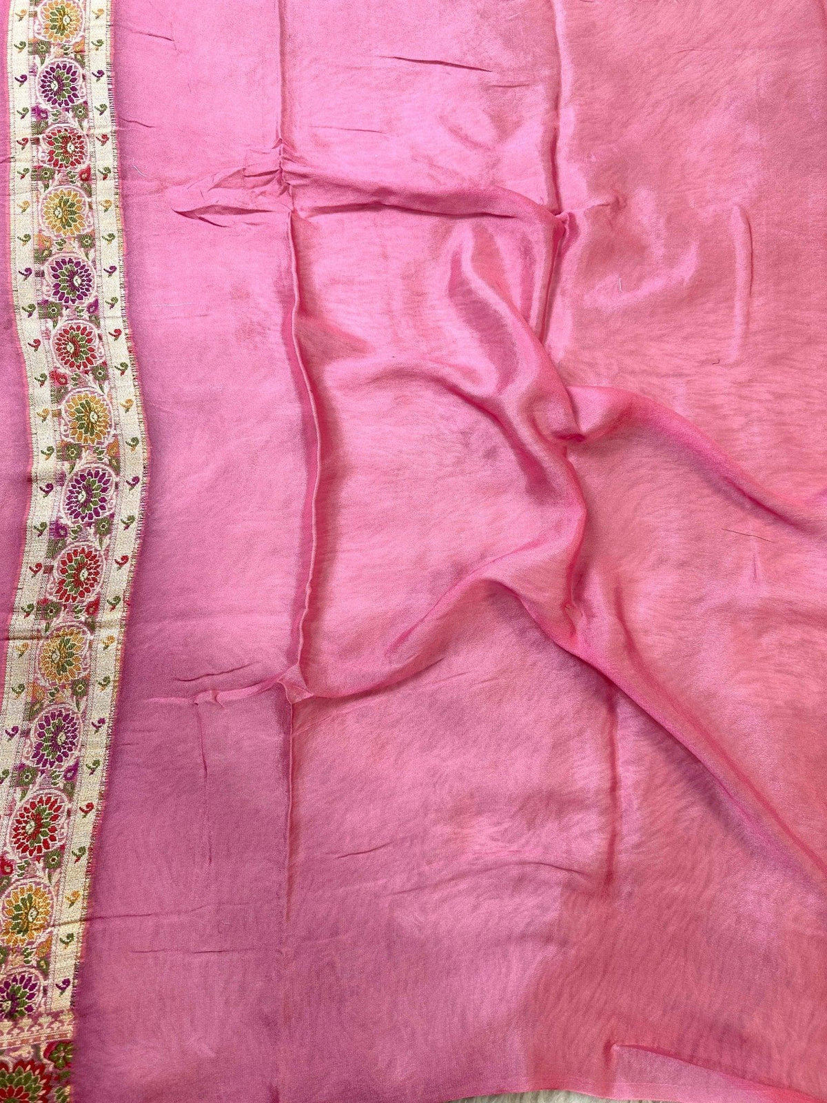 Pink and Orange Pure Chiffon Silk Banarasi Rangkat Saree with Multicolour Minakari Floral Border - Katan Banaras