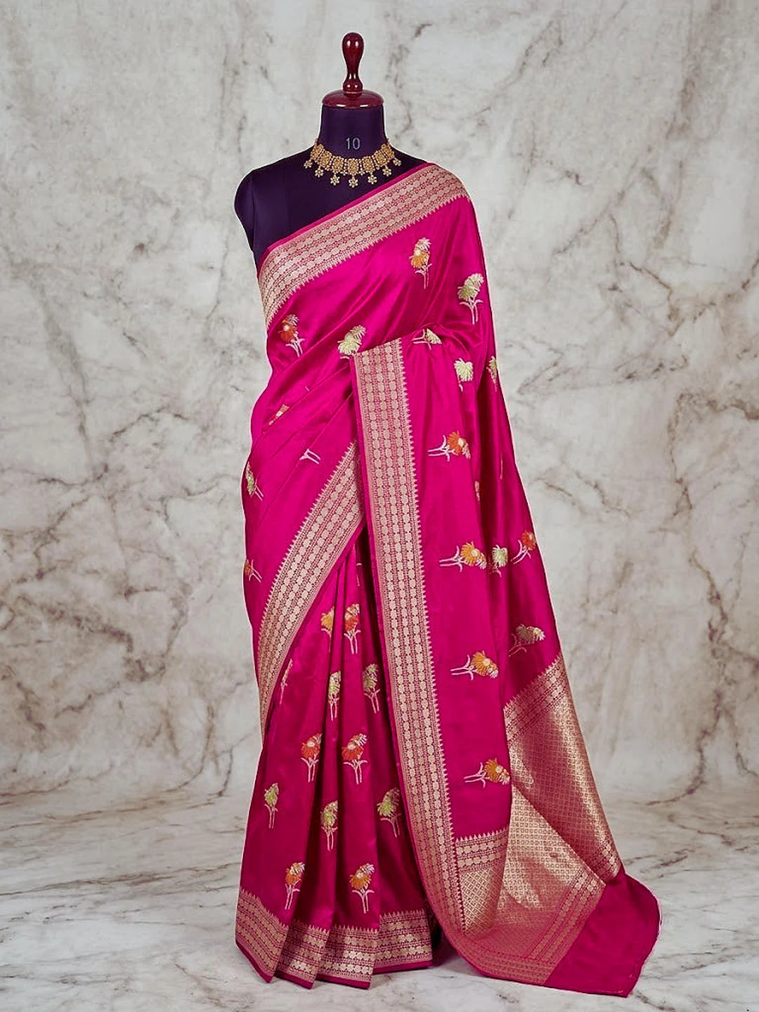 Rani Pink Pure Katan Silk Kadhwa Buta Banarasi Saree | Sona Rupa Zari & Tilfi Minakari