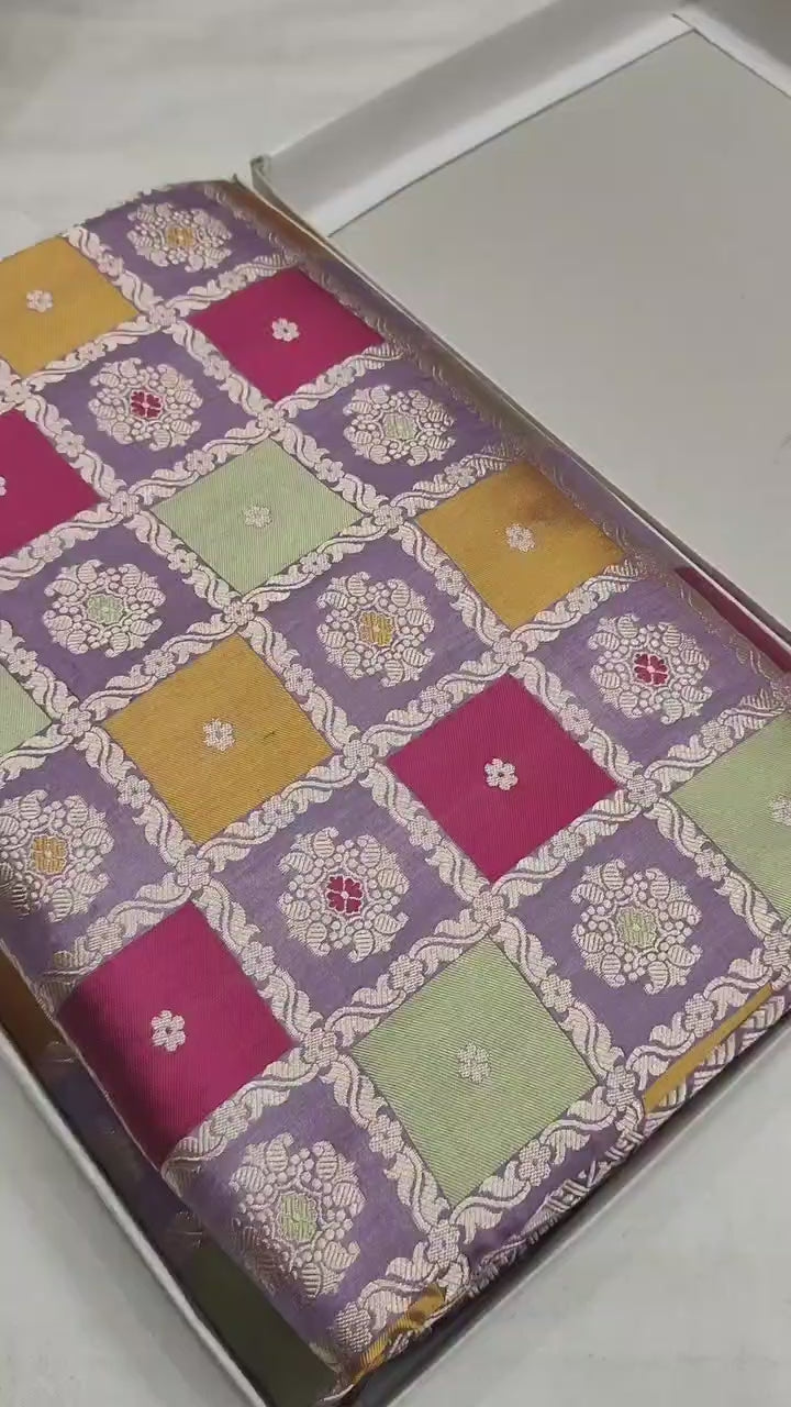 Pure Katan Silk Handloom Banarasi Saree – Rangkaat Box Design with Multicolour Minakari & Heavy Pallu