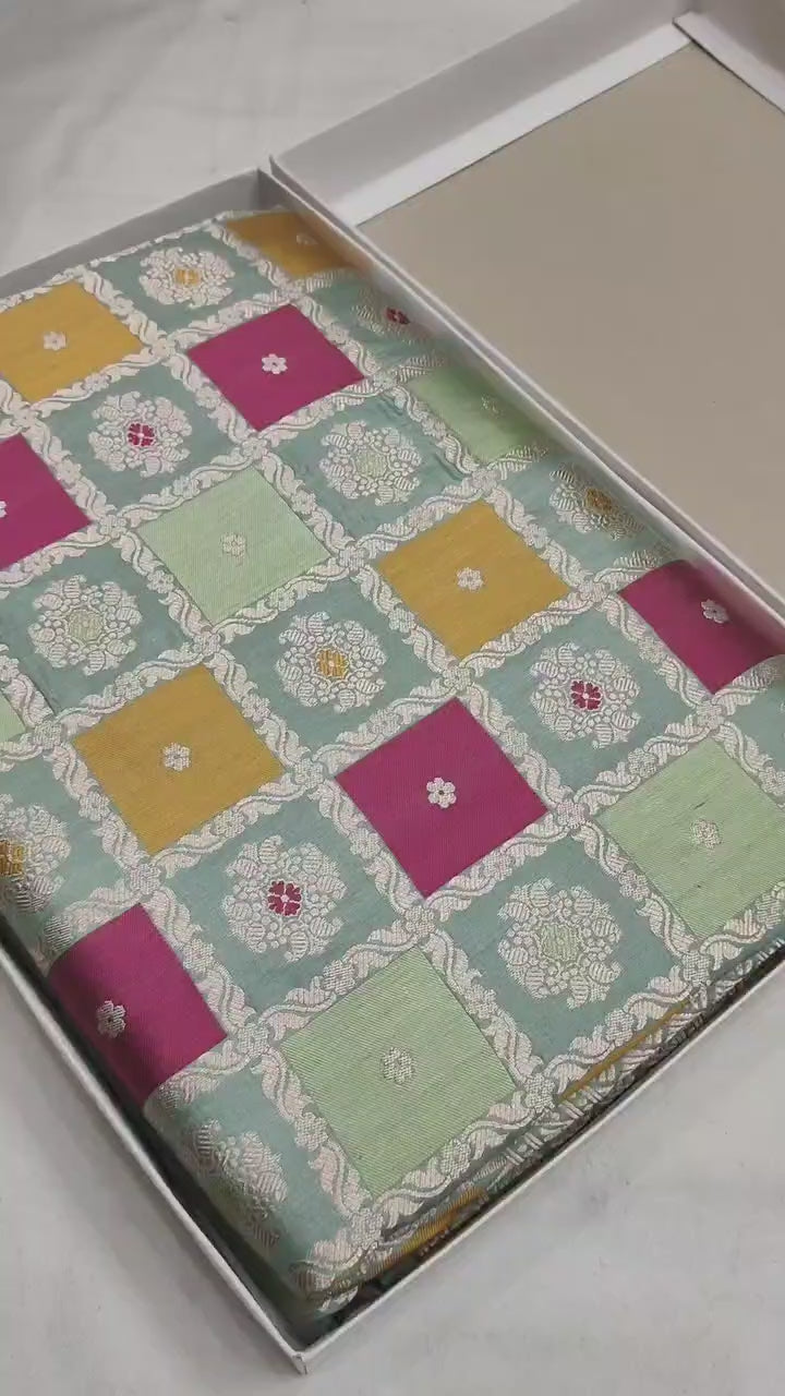 Pure Katan Silk Handloom Banarasi Saree – Rangkaat Box Design with Multicolour Minakari & Heavy Pallu