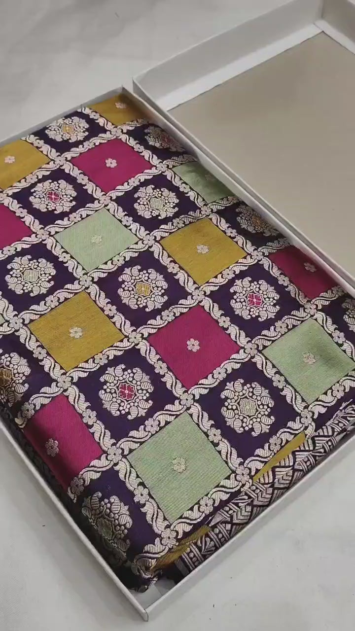 Pure Katan Silk Handloom Banarasi Saree – Rangkaat Box Design with Multicolour Minakari & Heavy Pallu