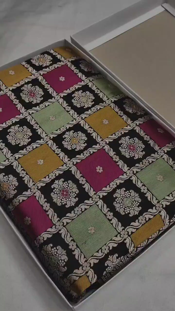 Pure Katan Silk Handloom Banarasi Saree – Rangkaat Box Design with Multicolour Minakari & Heavy Pallu
