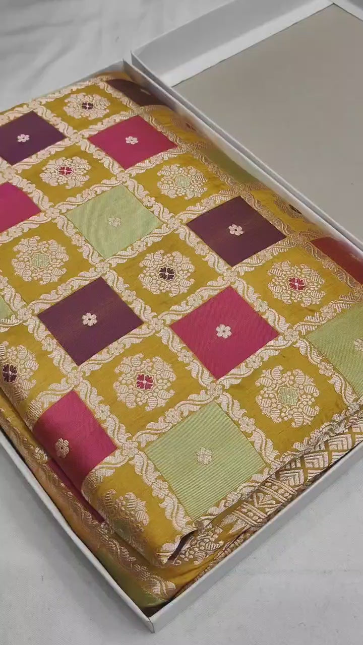 Pure Katan Silk Handloom Banarasi Saree – Rangkaat Box Design with Multicolour Minakari & Heavy Pallu