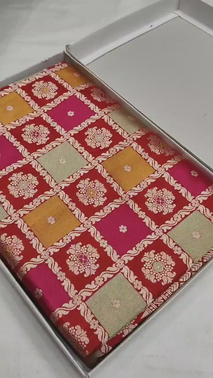 Pure Katan Silk Handloom Banarasi Saree – Rangkaat Box Design with Multicolour Minakari & Heavy Pallu