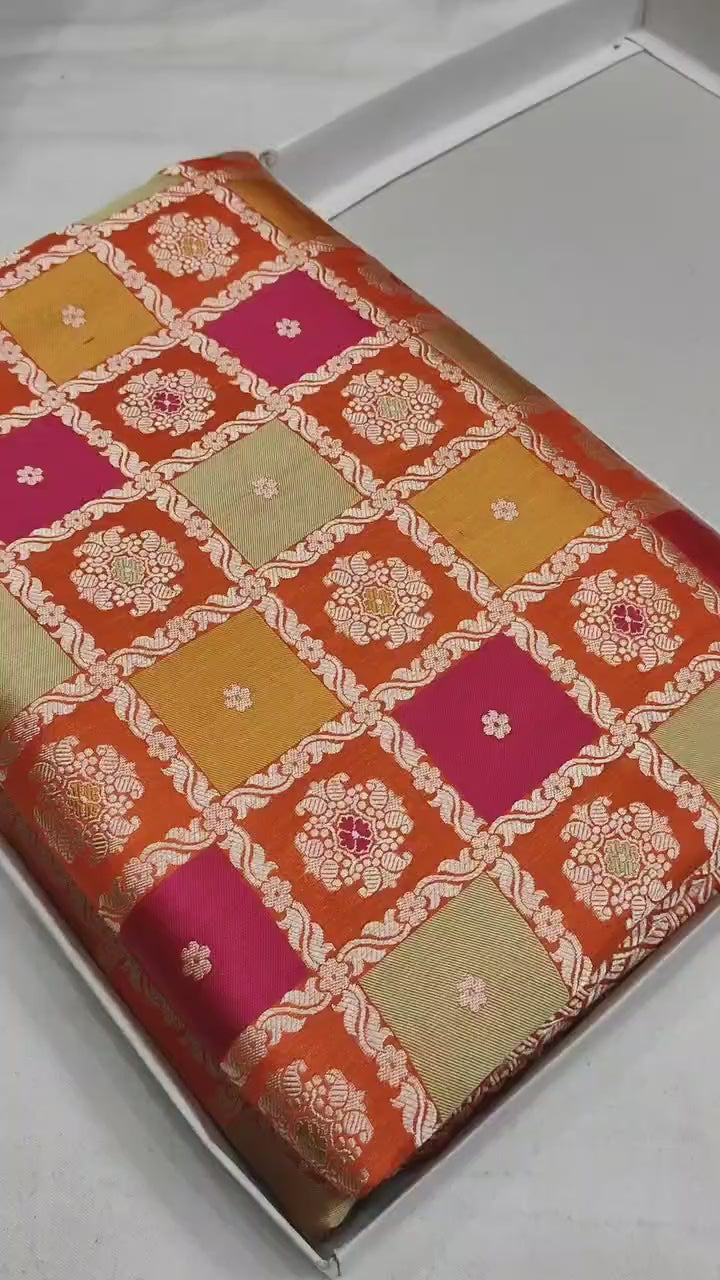 Pure Katan Silk Handloom Banarasi Saree – Rangkaat Box Design with Multicolour Minakari & Heavy Pallu