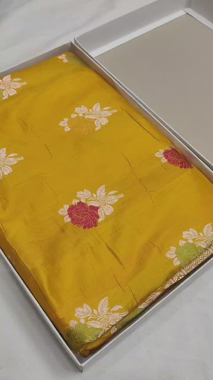 Handwoven Pure Katan Silk Alfi Butadar Minakari Banarasi Saree – Woven in Sona Rupa Grandeur