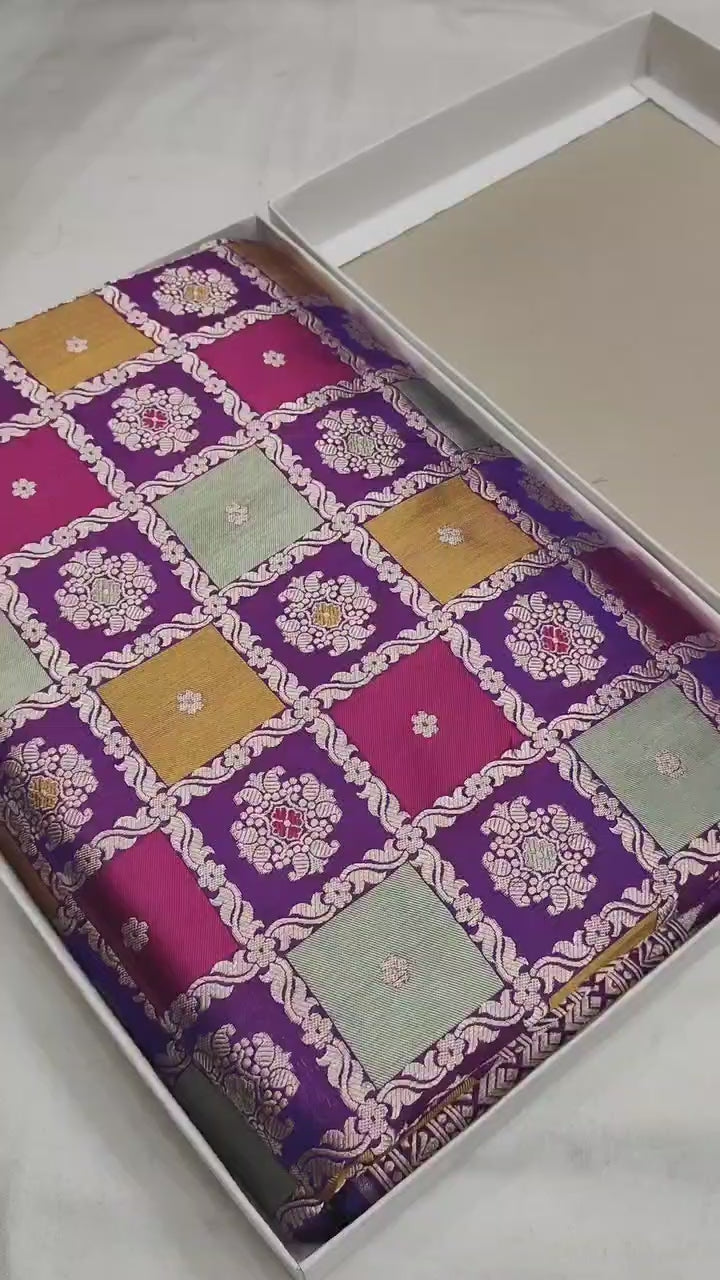 Pure Katan Silk Handloom Banarasi Saree – Rangkaat Box Design with Multicolour Minakari & Heavy Pallu