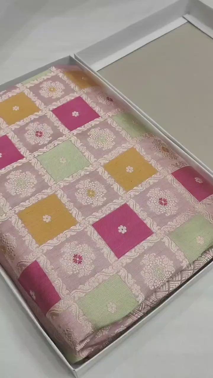 Pure Katan Silk Handloom Banarasi Saree – Rangkaat Box Design with Multicolour Minakari & Heavy Pallu