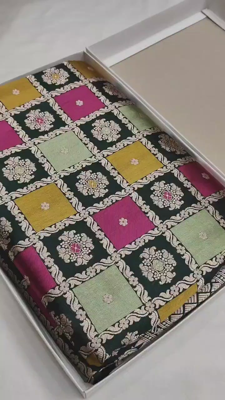 Pure Katan Silk Handloom Banarasi Saree – Rangkaat Box Design with Multicolour Minakari & Heavy Pallu