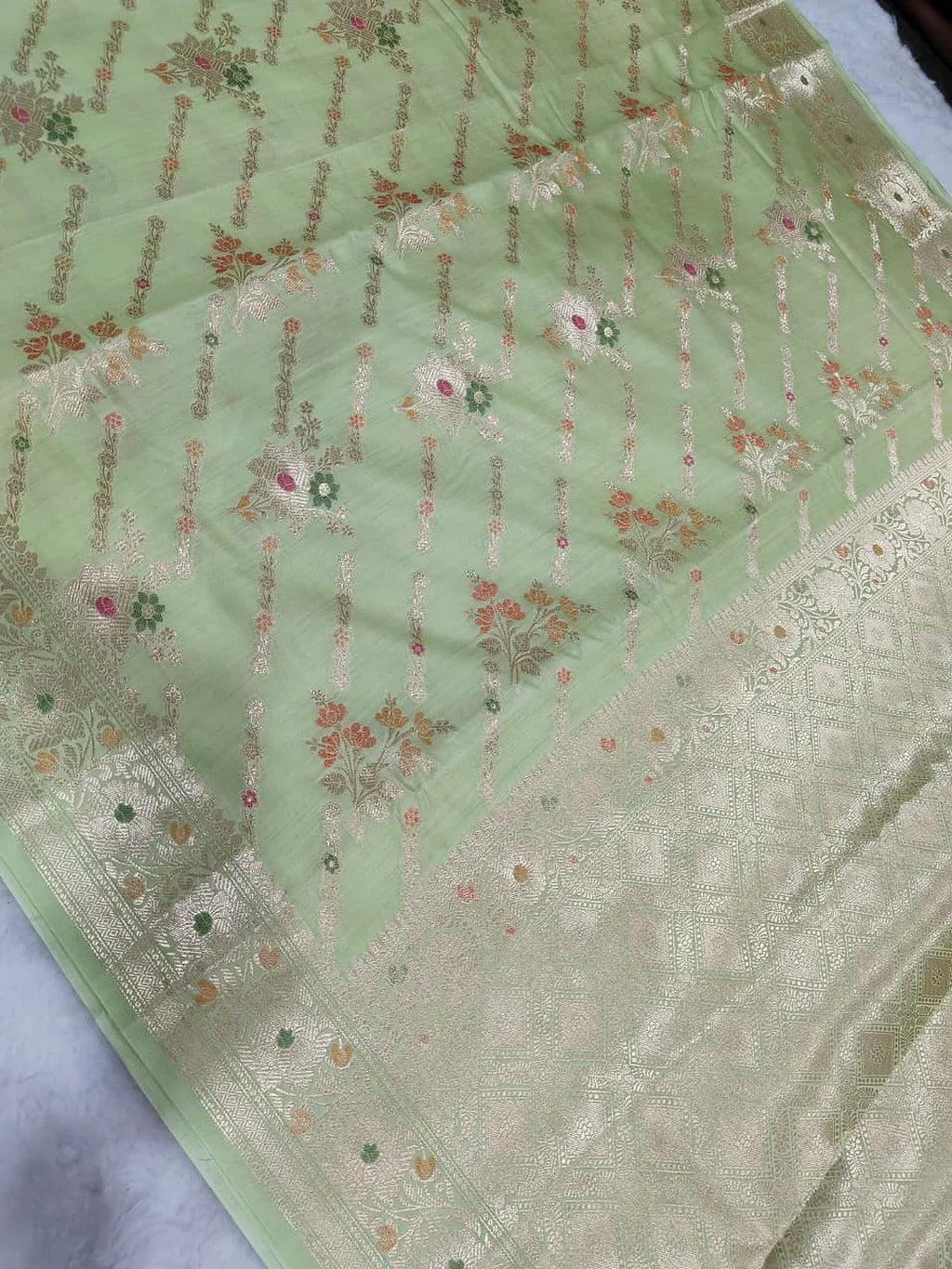 Pure Chiniya Silk Banarasi Saree | Floral Zari Woven Saree from Varanasi - front view of Pure Chiniya Katan Silk Banarasi Saree