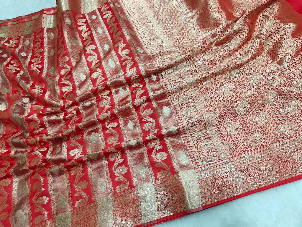Pure Chiniya Silk Banarasi Saree | Mughal Jaal Zari Weave from Varanasi - close up zari border of Pure Chiniya Katan Silk Banarasi Saree