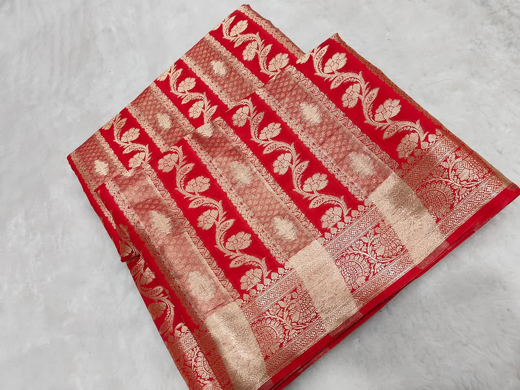 Pure Chiniya Silk Banarasi Saree | Mughal Jaal Zari Weave from Varanasi - front view of Pure Chiniya Katan Silk Banarasi Saree