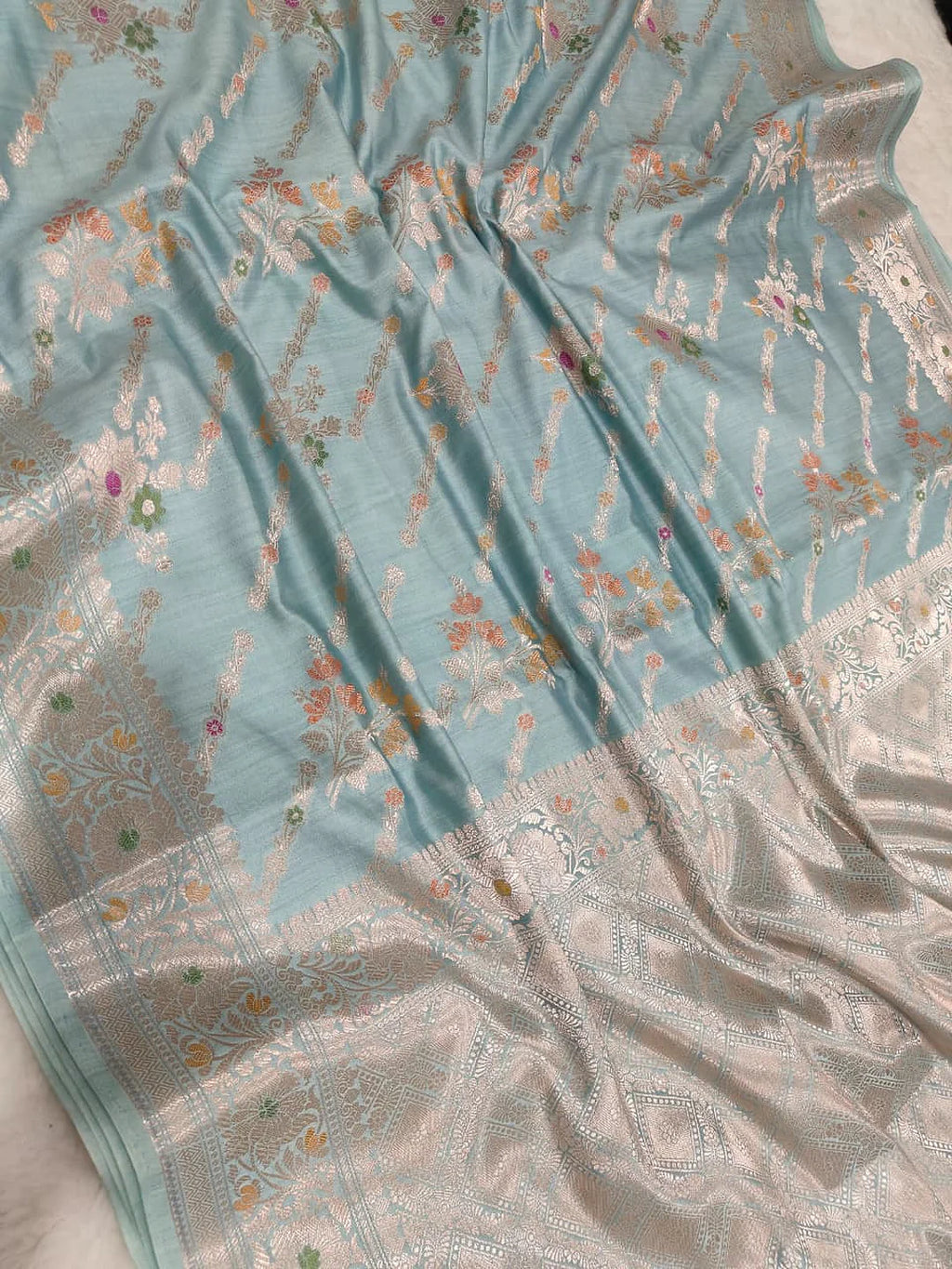 Pure Chiniya Silk Banarasi Saree | Pastel Green Zari Woven Saree from Varanasi - front view of Pure Chiniya Katan Silk Banarasi Saree