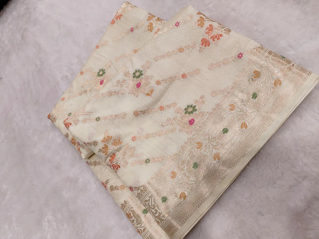 Pure Chiniya Silk Banarasi Saree | Traditional Zari Buta Weave from Varanasi - close up zari border of Pure Chiniya Katan Silk Banarasi Saree