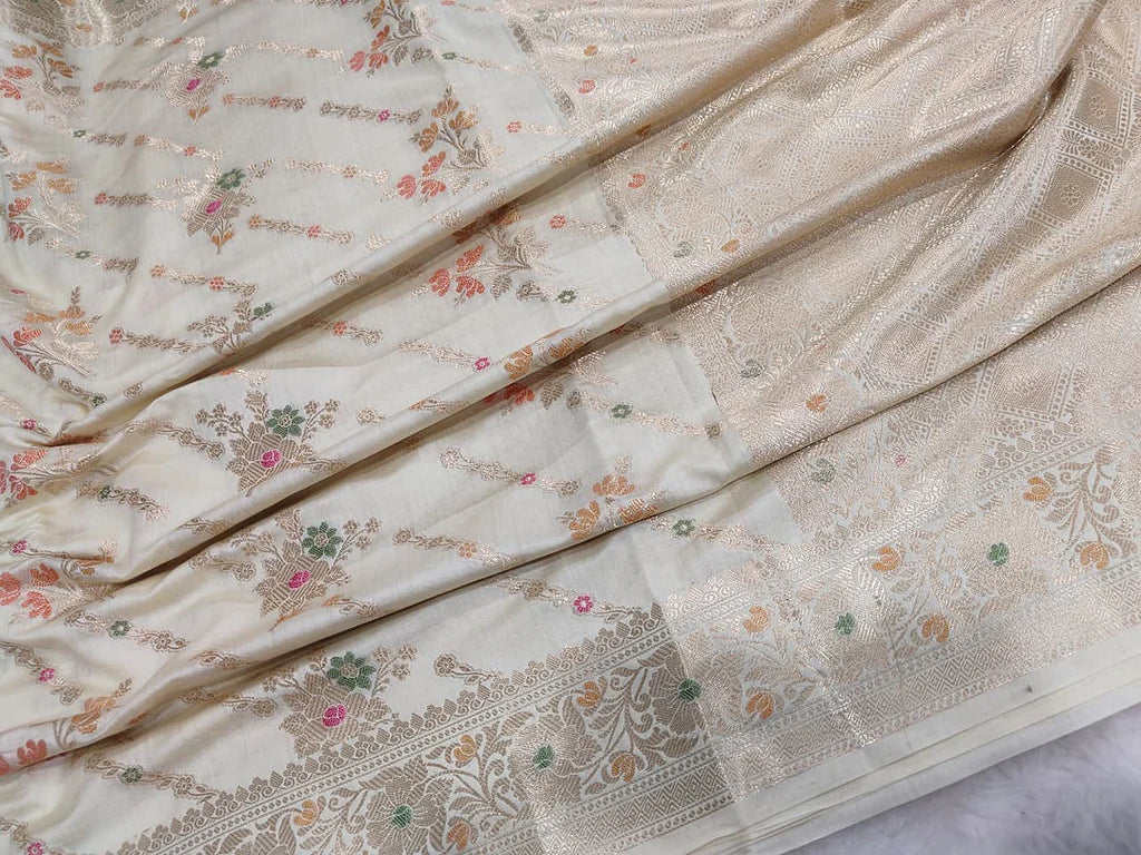 Pure Chiniya Silk Banarasi Saree | Traditional Zari Buta Weave from Varanasi - front view of Pure Chiniya Katan Silk Banarasi Saree