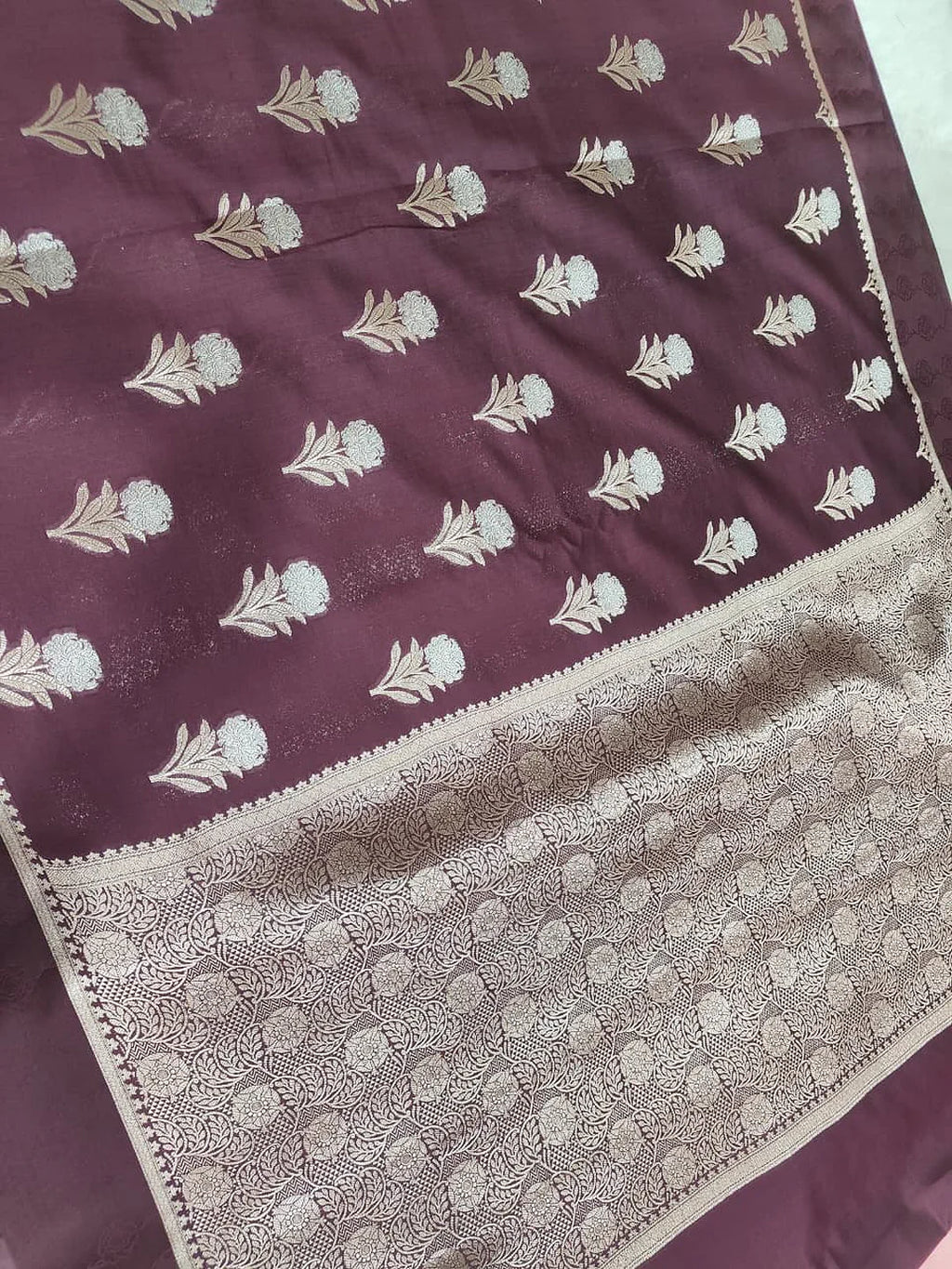 Pure Chiniya Silk Banarasi Saree with Satin Border | Buta Zari Woven Luxury Saree - front view of Pure Chiniya Katan Silk Banarasi Saree