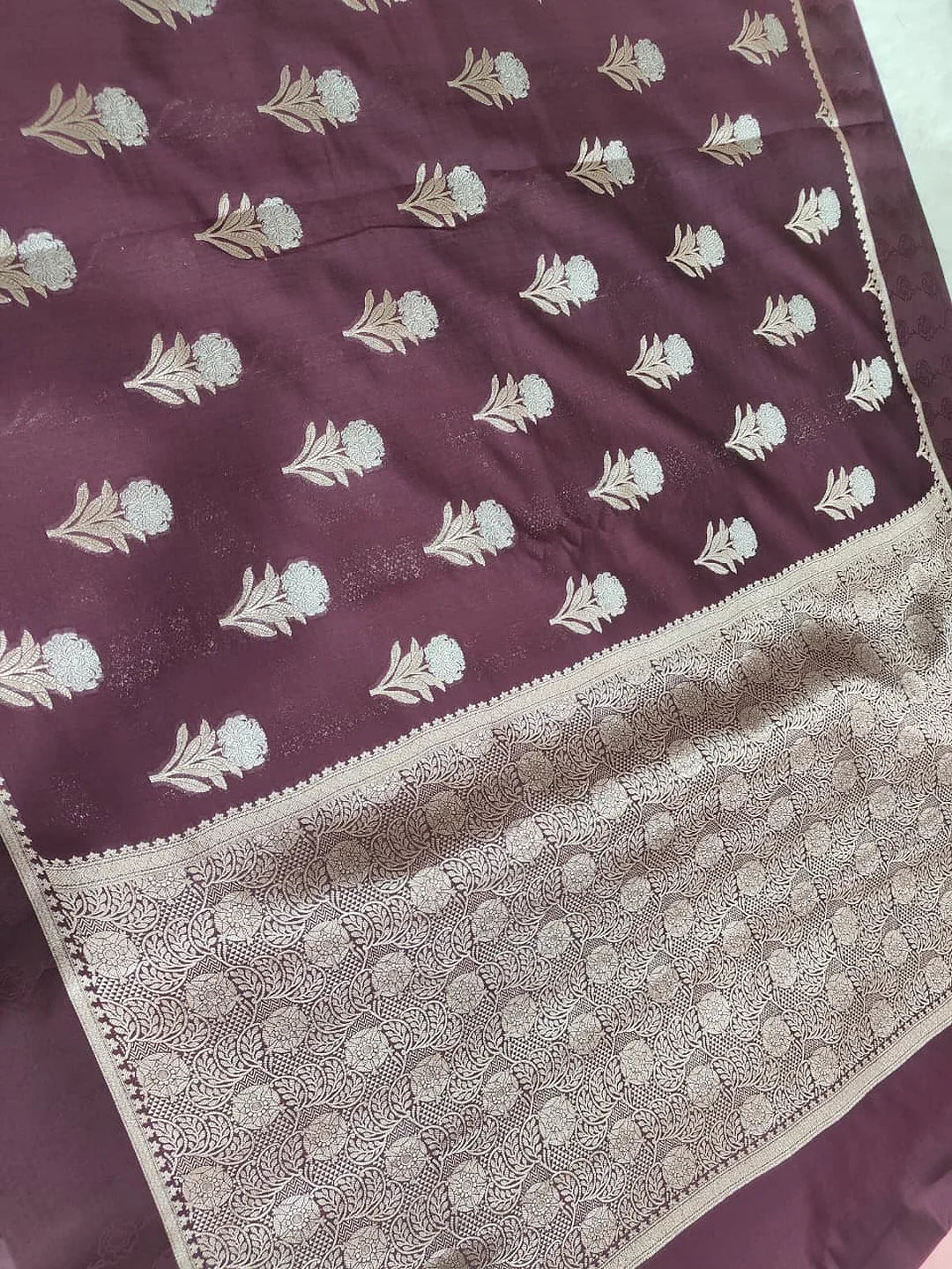 Pure Chiniya Silk Banarasi Saree with Satin Border | Buta Zari Woven Luxury Saree - front view of Pure Chiniya Katan Silk Banarasi Saree