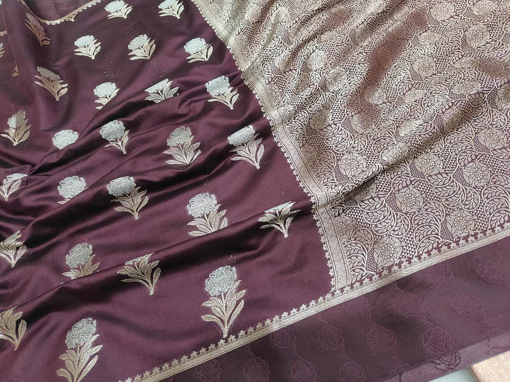 Pure Chiniya Silk Banarasi Saree with Satin Border | Buta Zari Woven Luxury Saree - Pure Chiniya Katan Silk Banarasi Saree