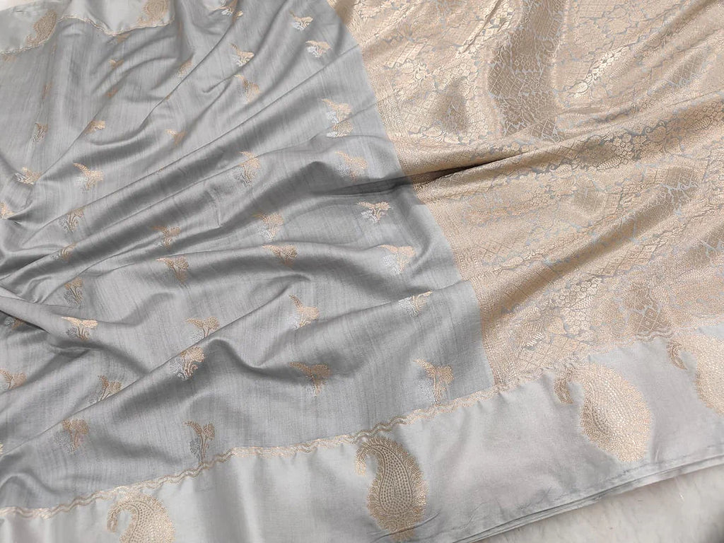 Pure Chiniya Silk Banarasi Saree with Satin Border | Floral Zari Woven Saree - front view of Pure Chiniya Katan Silk Banarasi Saree