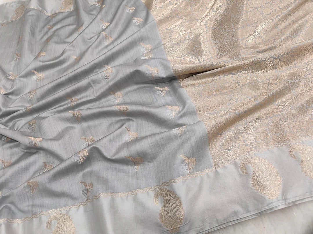 Pure Chiniya Silk Banarasi Saree with Satin Border | Floral Zari Woven Saree - front view of Pure Chiniya Katan Silk Banarasi Saree