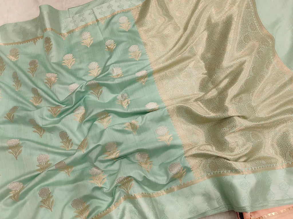Pure Chiniya Silk Banarasi Saree with Satin Border | Jaal Zari Woven Luxury Saree - front view of Pure Chiniya Katan Silk Banarasi Saree