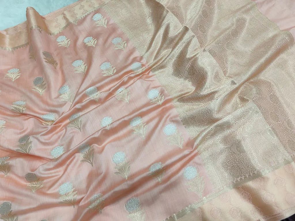 Pure Chiniya Silk Banarasi Saree with Satin Border | Meena Zari Woven Saree - close up zari border of Pure Chiniya Katan Silk Banarasi Saree