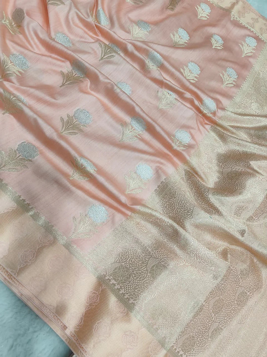 Pure Chiniya Silk Banarasi Saree with Satin Border | Meena Zari Woven Saree - front view of Pure Chiniya Katan Silk Banarasi Saree