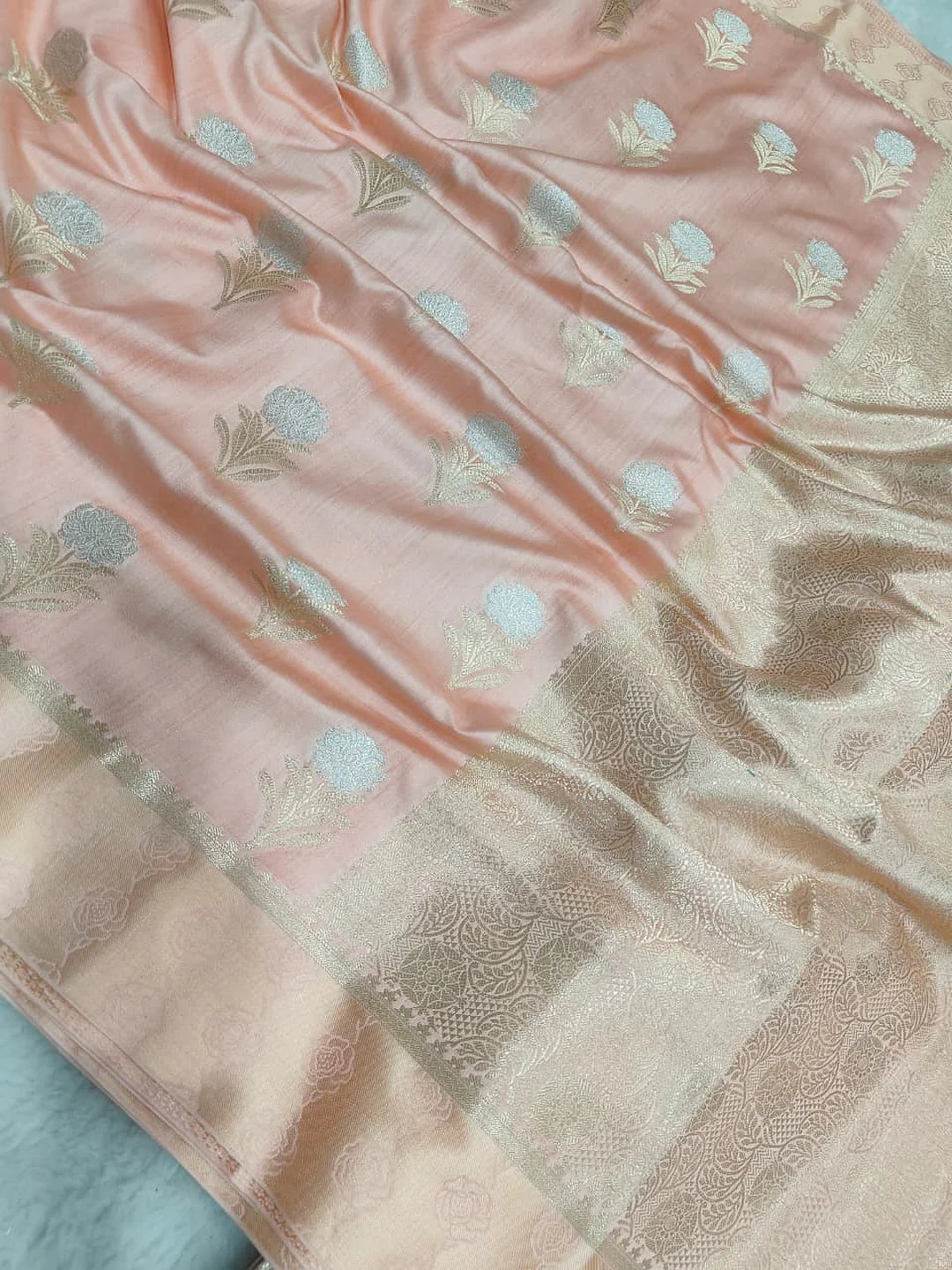 Pure Chiniya Silk Banarasi Saree with Satin Border | Meena Zari Woven Saree - front view of Pure Chiniya Katan Silk Banarasi Saree