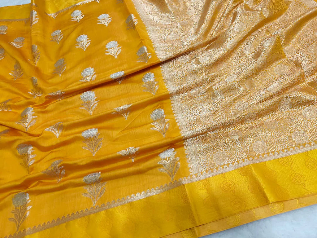 Pure Chiniya Silk Banarasi Saree with Satin Border | Zari Woven Luxury Saree - front view of Pure Chiniya Katan Silk Banarasi Saree