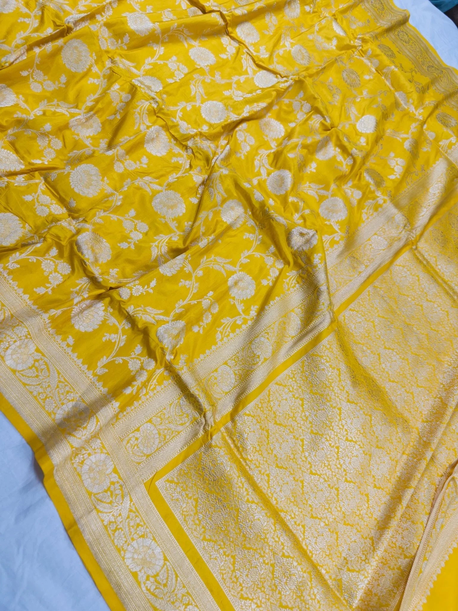 Yellow Pure Katan Silk Jaalwork Banarasi Saree Uppada Handwoven Festive - Katan Banaras
