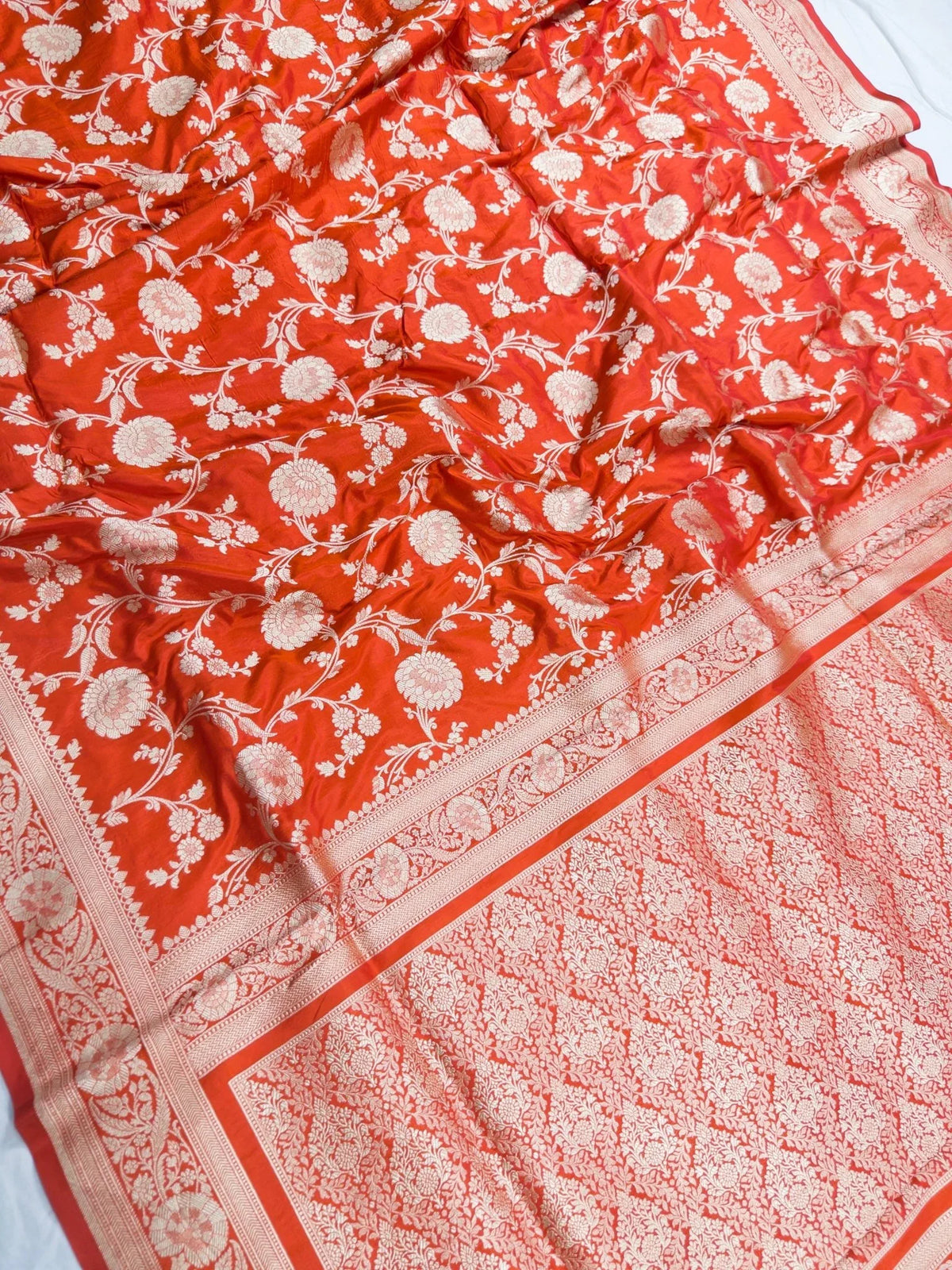 Red Pure Katan Silk Jaalwork Banarasi Saree Uppada Bridal Handwoven Festive - Katan Banaras