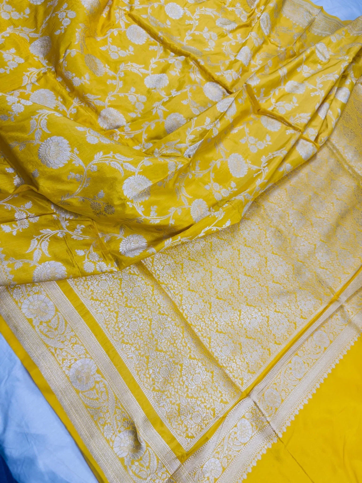 Yellow Pure Katan Silk Jaalwork Banarasi Saree Uppada Handwoven Festive - Katan Banaras