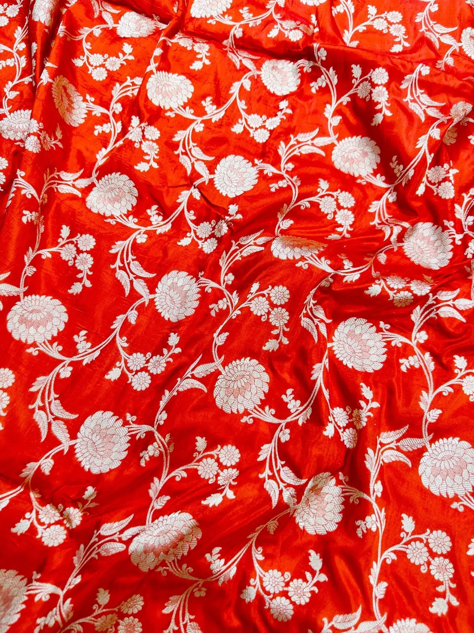 Red Pure Katan Silk Jaalwork Banarasi Saree Uppada Bridal Handwoven Festive - Katan Banaras